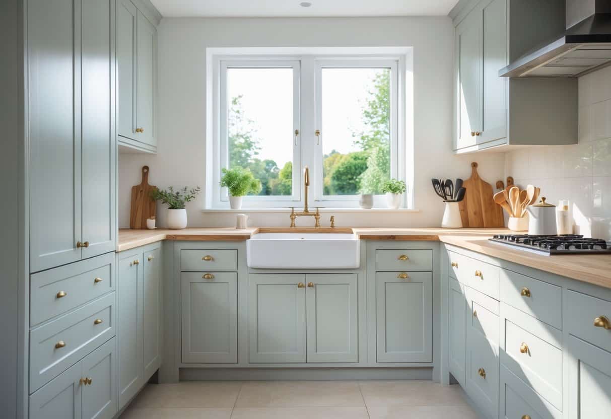A modern kitchen with freshly painted light-colored cabinets, natural sunlight, and simple countertop decor.
