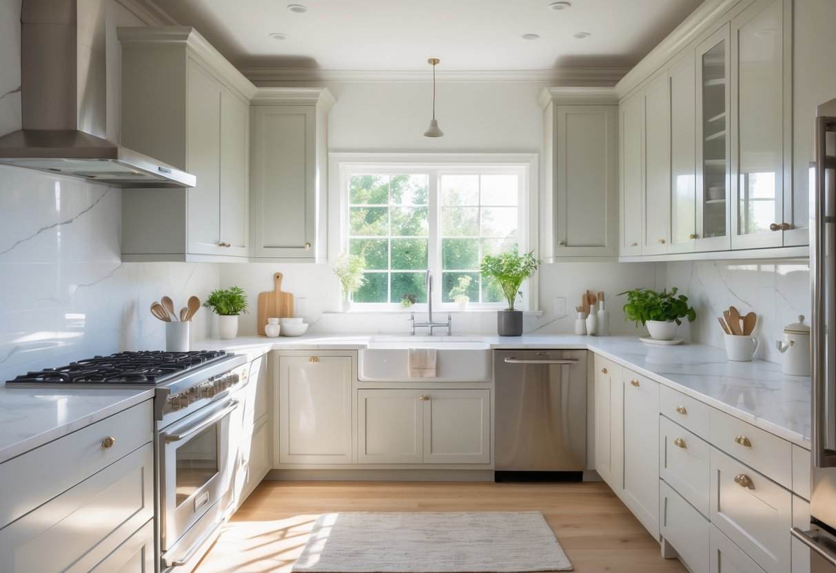 A modern kitchen with freshly painted light-colored cabinets, stainless steel appliances, and a clean countertop illuminated by natural sunlight.