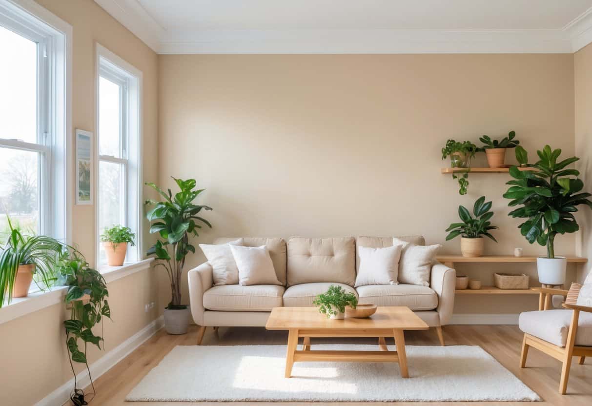A modern living room with beige walls, a comfortable sofa, wooden coffee table, and green plants near large windows letting in natural light.
