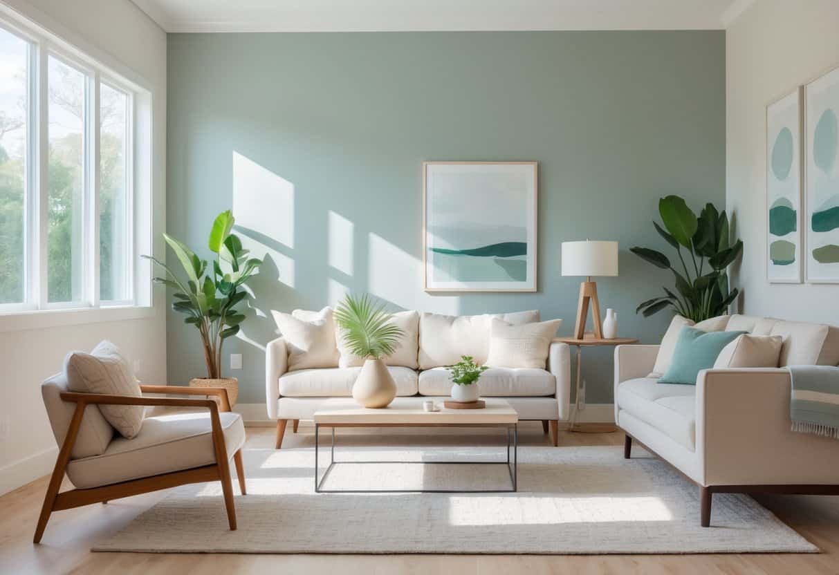 A bright living room with walls painted in a soft greenish-blue color, featuring a sofa, coffee table, plants, and natural light from large windows.