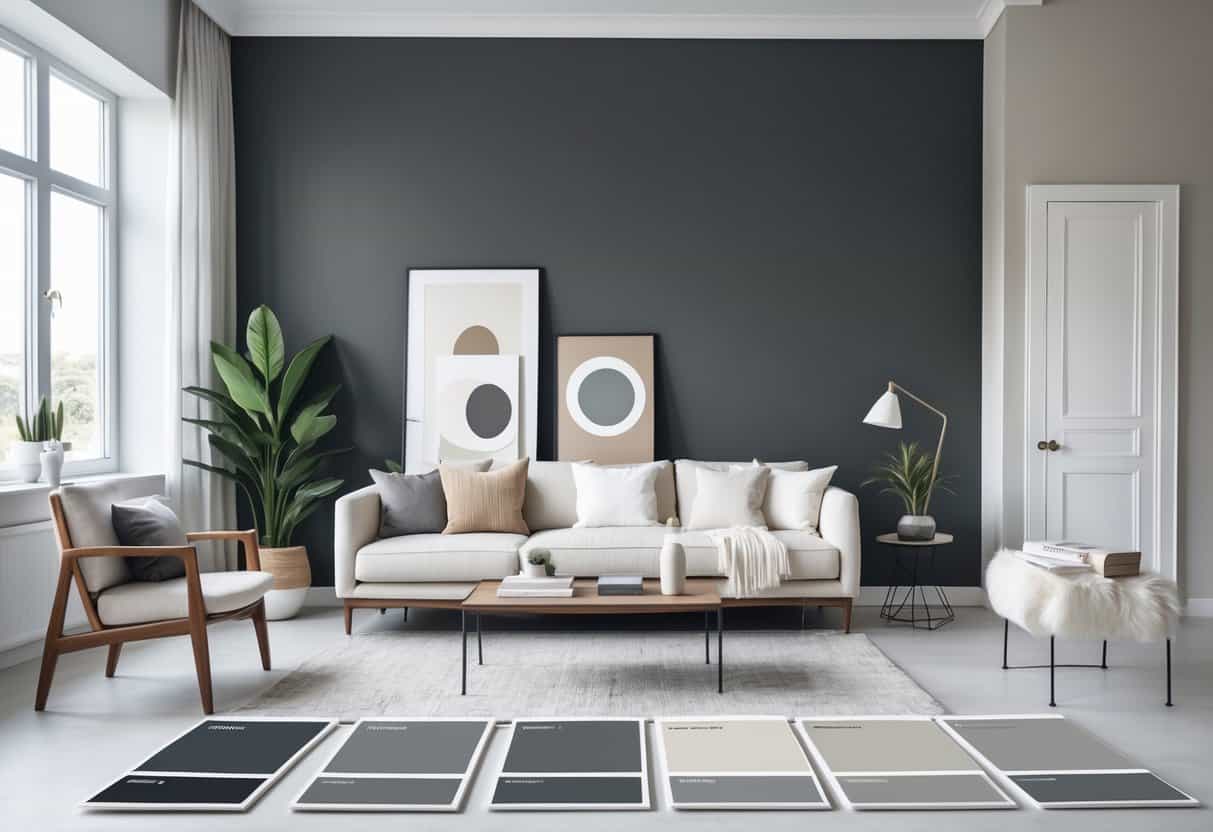 A living room with a dark gray accent wall and several paint color samples displayed nearby.