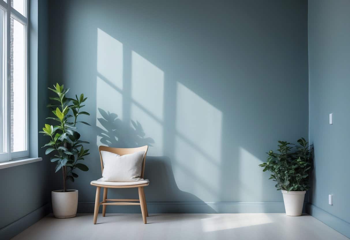 A calm indoor room with soft blue-gray walls, natural light coming through a window, a wooden chair, and a green potted plant.