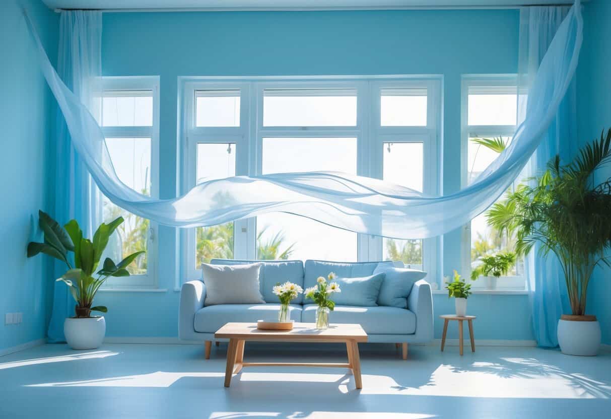 A bright living room with blue walls, sheer curtains gently moving in a breeze, sunlight streaming through large windows, and minimalist furniture with plants.