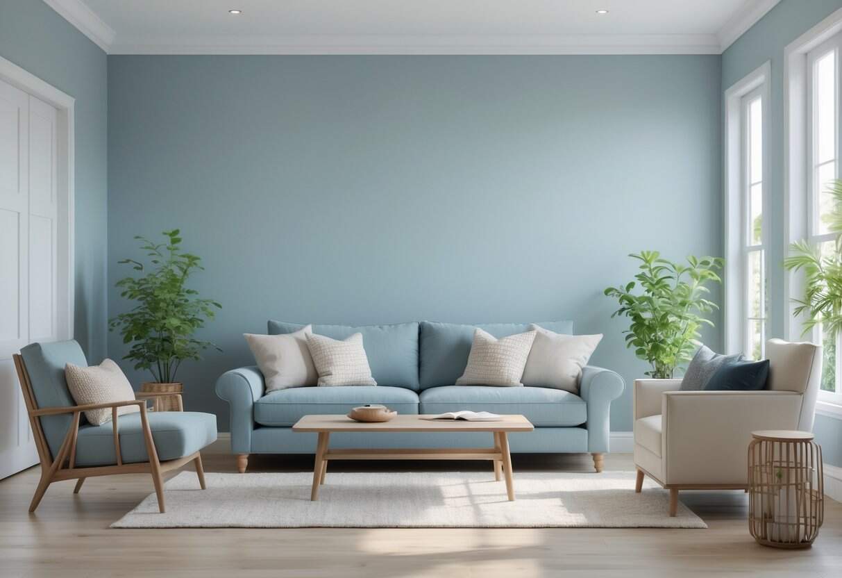 A bright living room with blue-gray walls, a sofa, coffee table, and plants near large windows.