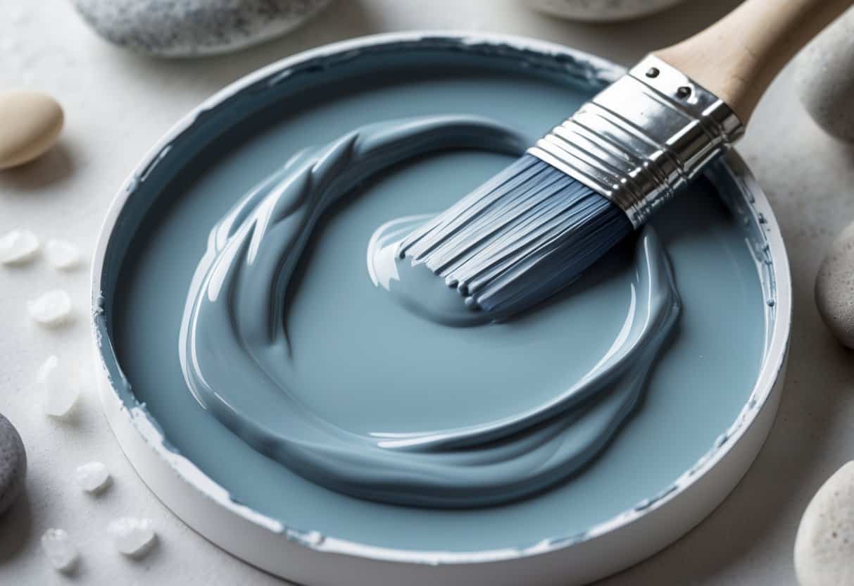 Close-up of a blue-gray paint with visible brush strokes on a palette, surrounded by sea salt crystals and smooth stones.