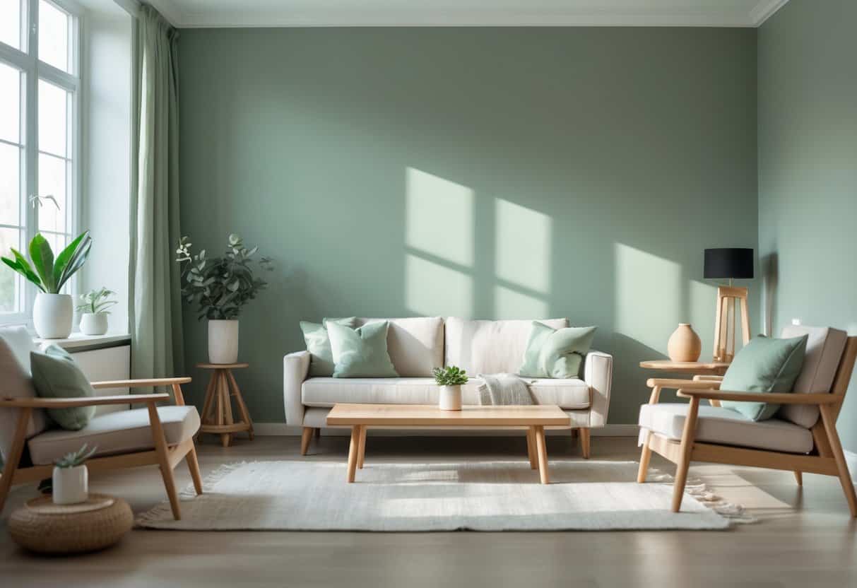 A modern living room with muted sage green walls, natural wood furniture, and soft natural light coming through large windows.