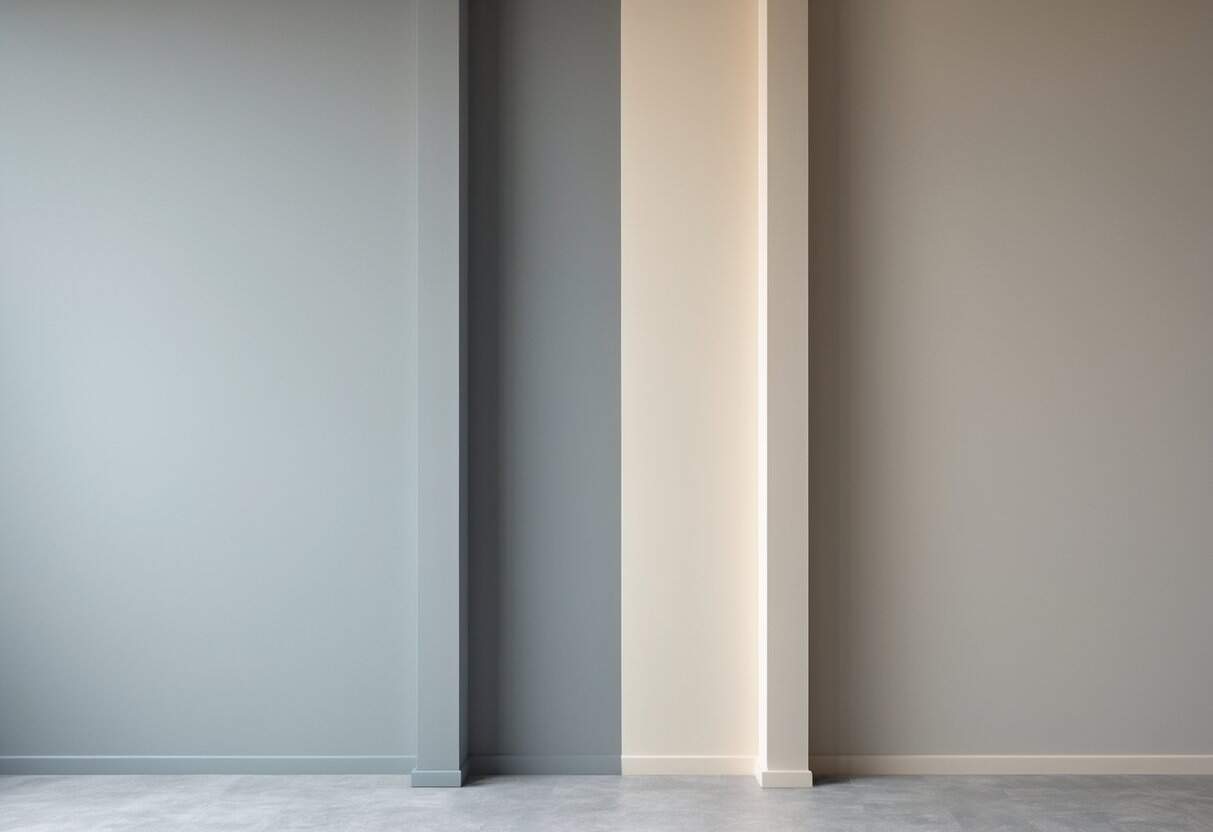A wall divided into two sections showing light French gray paint on the left and Repose Gray paint on the right.