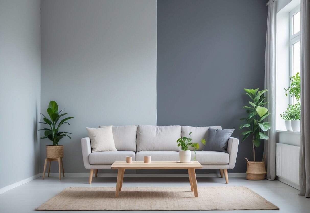Interior room with two adjacent walls painted in different shades of gray, light French gray and repose gray, with a sofa and plants.