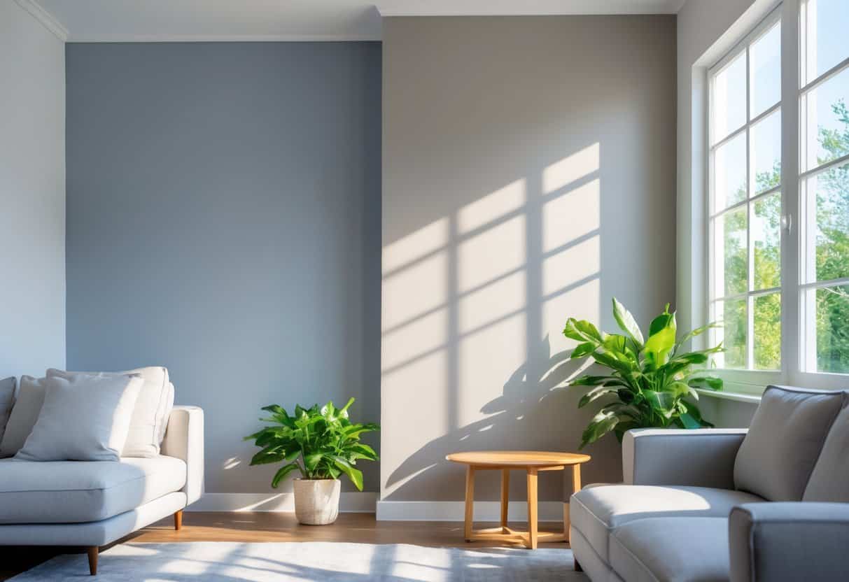 Living room showing two adjacent walls painted in different shades of gray with natural light and furniture.
