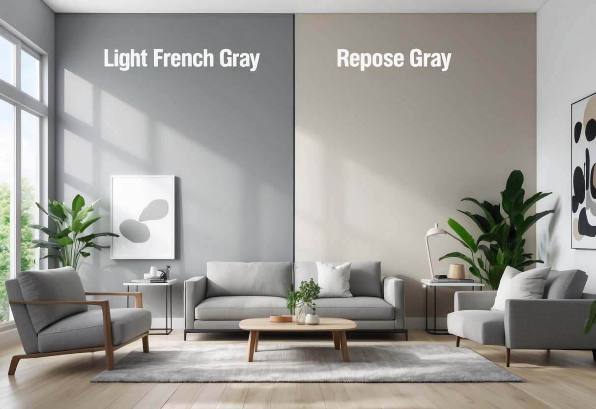 A modern living room with two adjacent walls painted in different shades of gray, featuring a gray sofa, wooden coffee table, plants, and natural light from large windows.